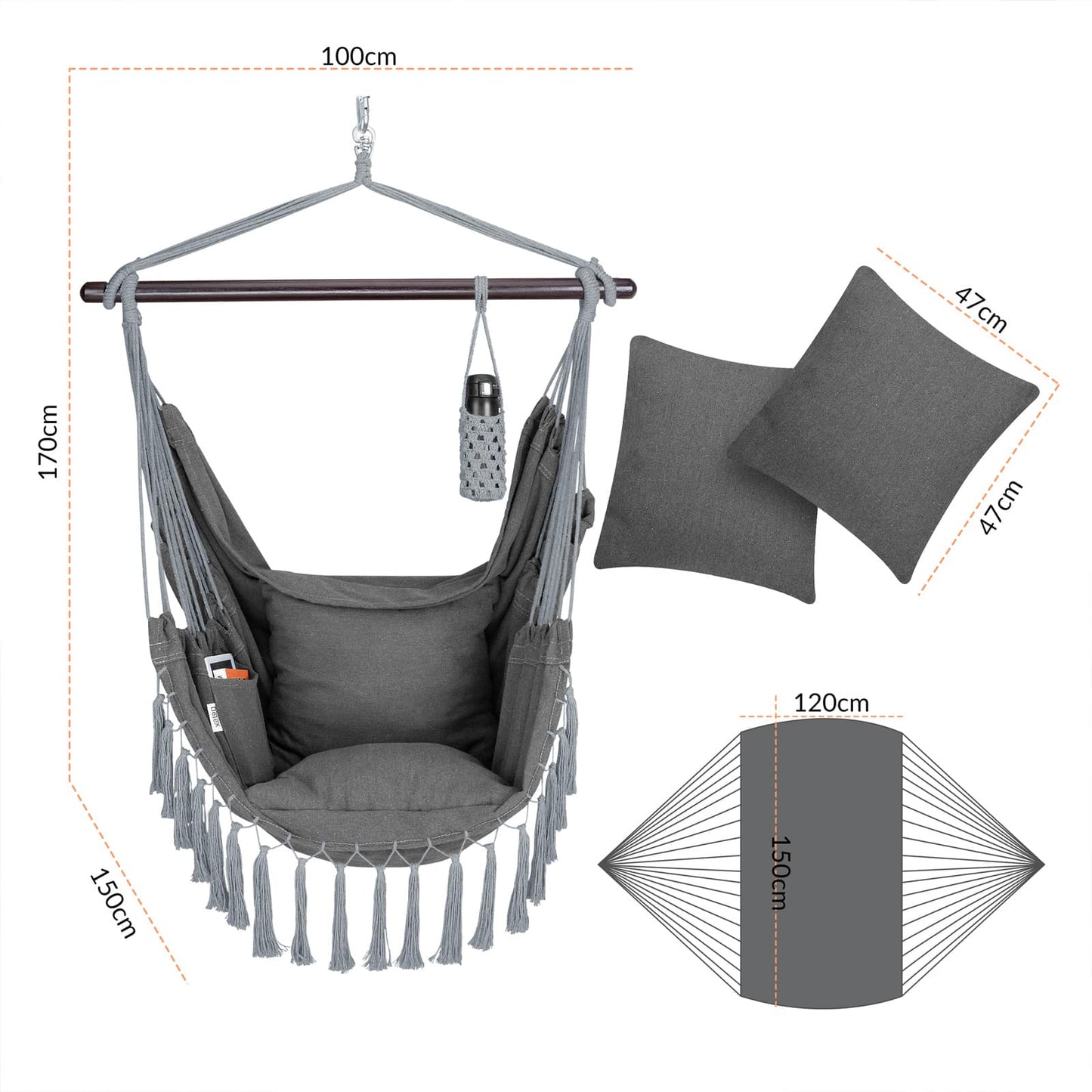 Fauteuil suspendu anthracite 170x100x150 cm avec coussin confortable