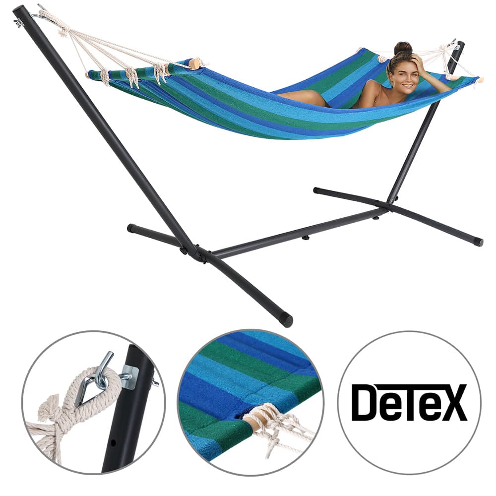 Hamac rayé bleu 200x80cm avec support en métal
