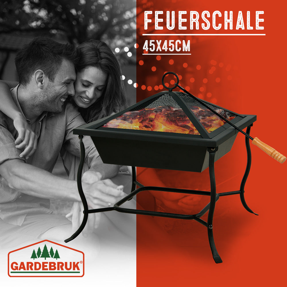 Brasero de jardin carré 45x45 cm avec couvercle et tisonnier