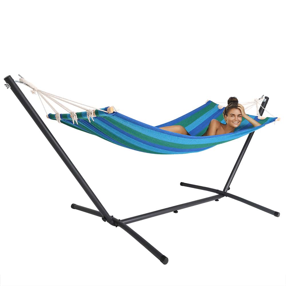 Hamac rayé bleu 200x80cm avec support en métal