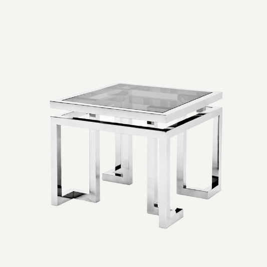 Table d'appoint argentée en verre fumé