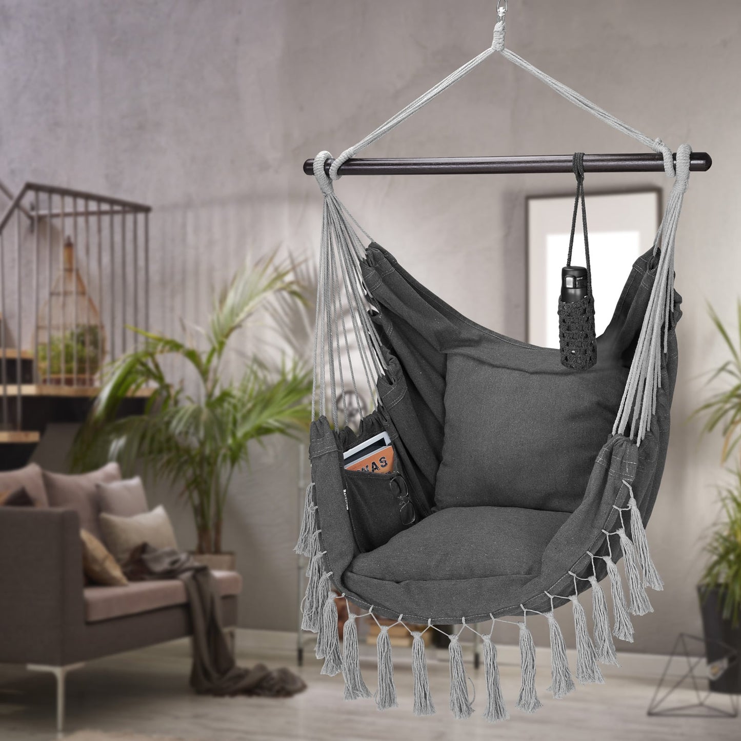 Fauteuil suspendu anthracite 170x100x150 cm avec coussin confortable