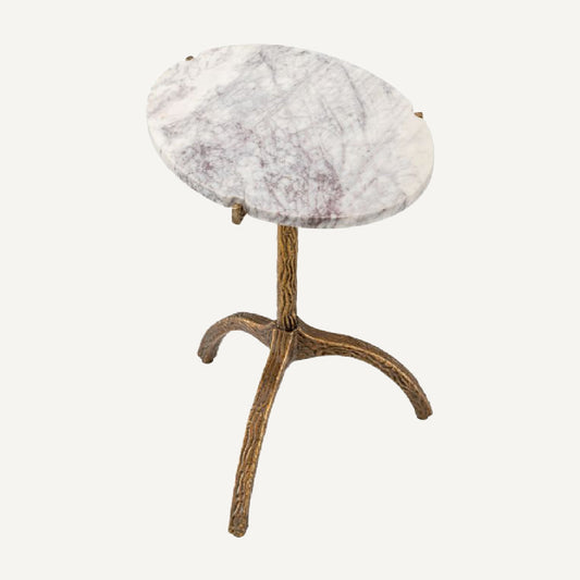 Table d'appoint ovale dorée en marbre blanc