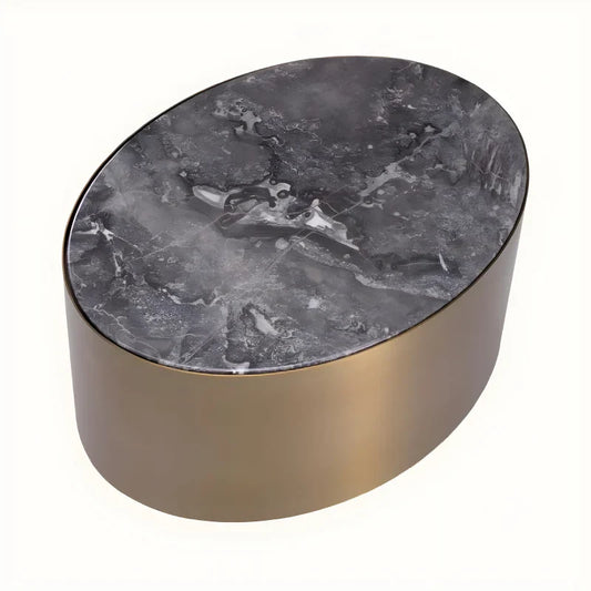 Table d'appoint ovale dorée en marbre gris